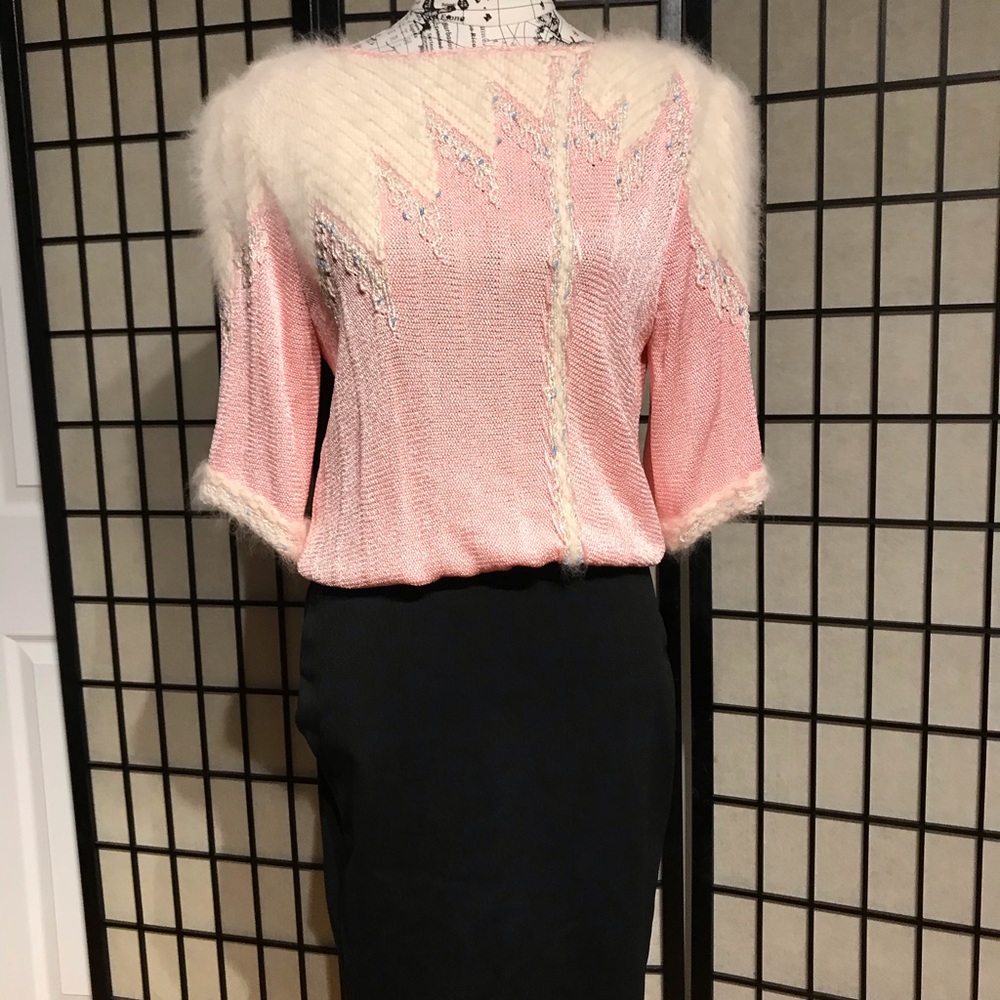 Vintage Crochet knit Macrame Angora pastel colorful cottag Western sweater top S